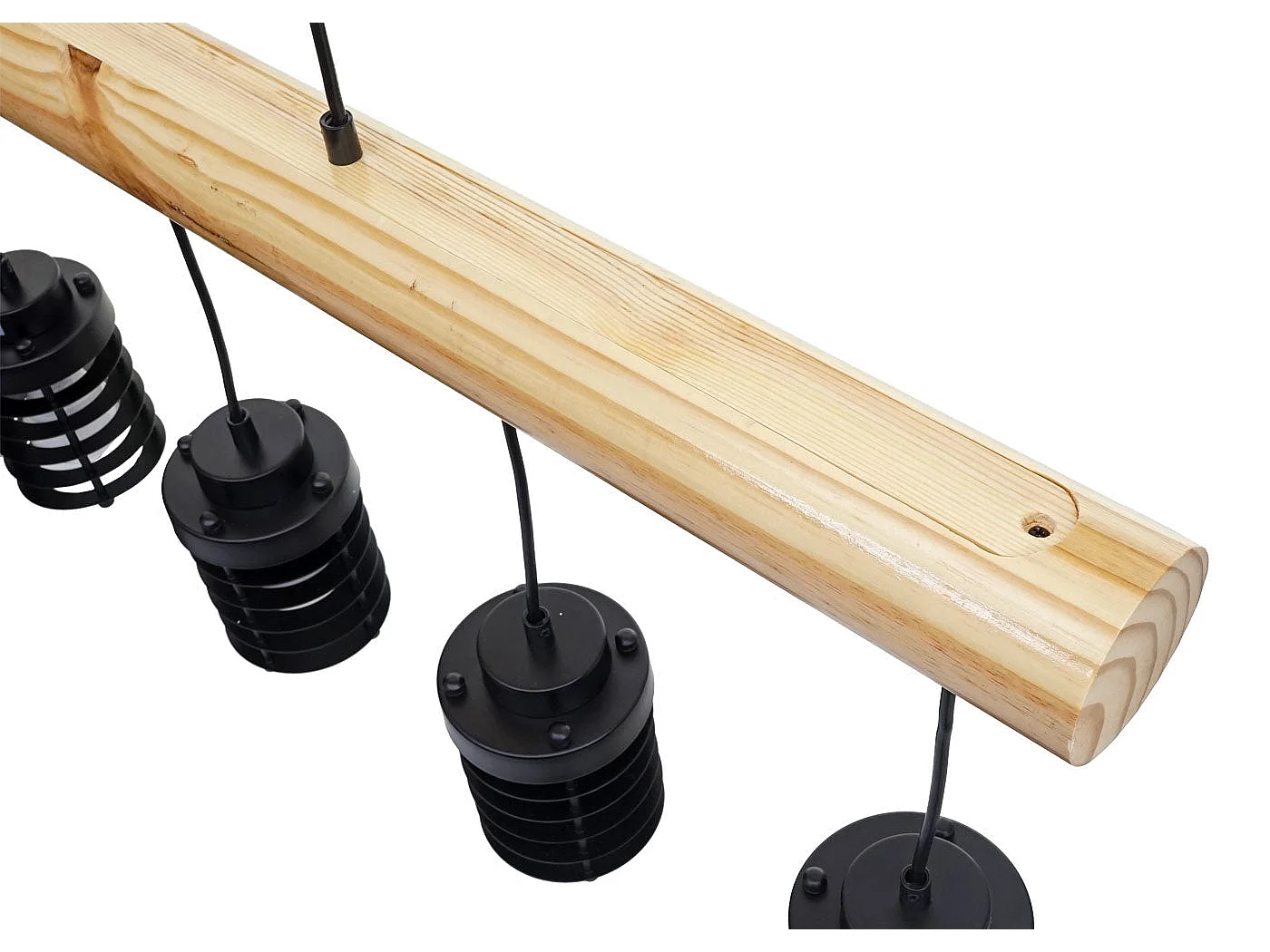 Lampe suspension plafonnier style industriel vintage bois massif métal noir 5 supports d'ampoules 04_0004051