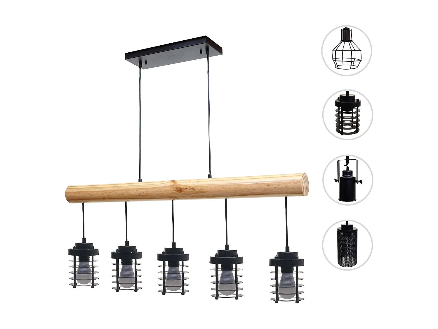 Lampe suspension plafonnier style industriel vintage bois massif métal noir 5 supports d'ampoules 04_0004051