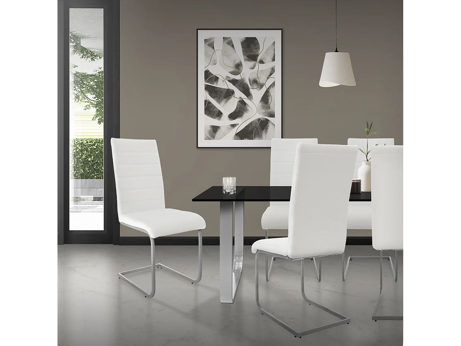 Lot de 2 chaises de salle à manger blanc cantilever à piétement métallique luge argenté assise rembourrée en matériau synthétique patins inclus