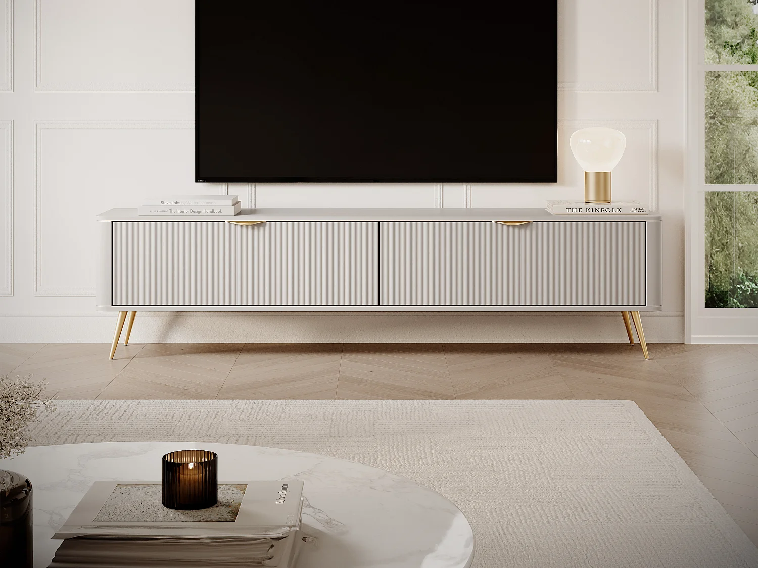 Meuble TV avec 2 portes en MDF - Beige et doré - ELONARIA de Pascal Morabito