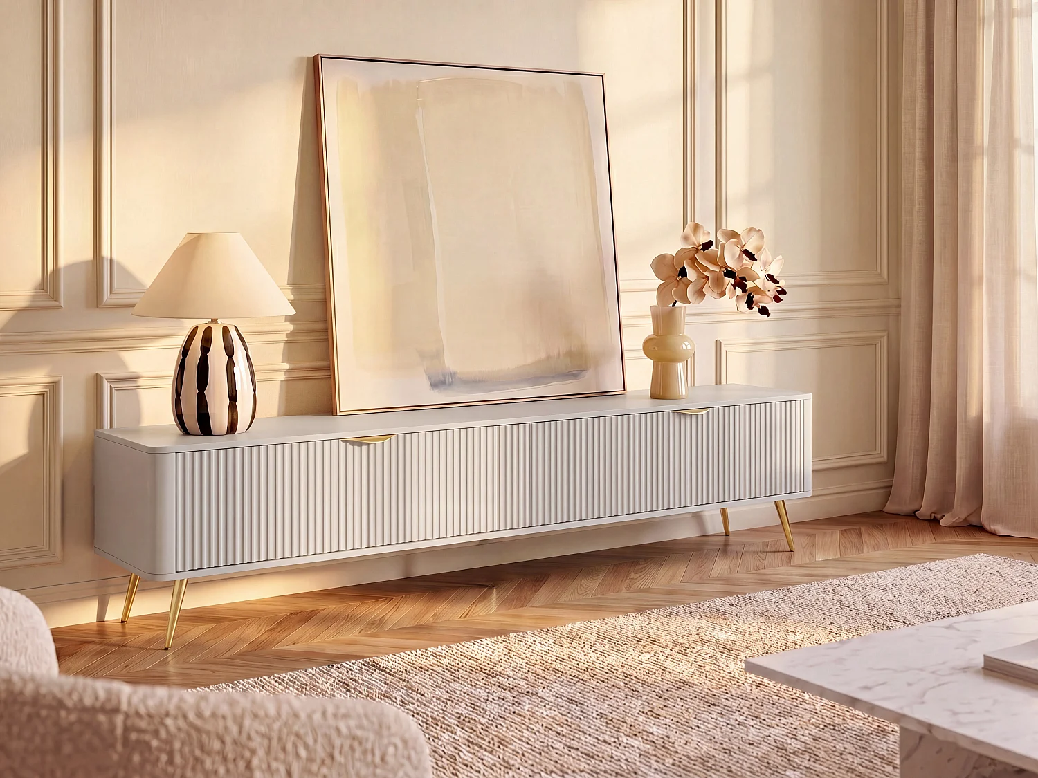 TV unit with 2 MDF doors - Beige and gold - ELONARIA by Pascal Morabito