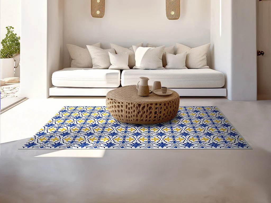 Tapis en vinyle effet carreaux de ciment - 120x180 cm - Bleu et jaune - FLORILI