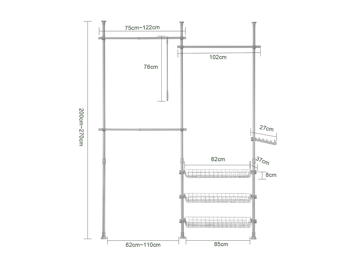 SoBuy Télescopique Garde-Robe Système Herkule, Portant de vêtement largeur (147-198cm) x hauteur (200-285cm), FRG34-HG