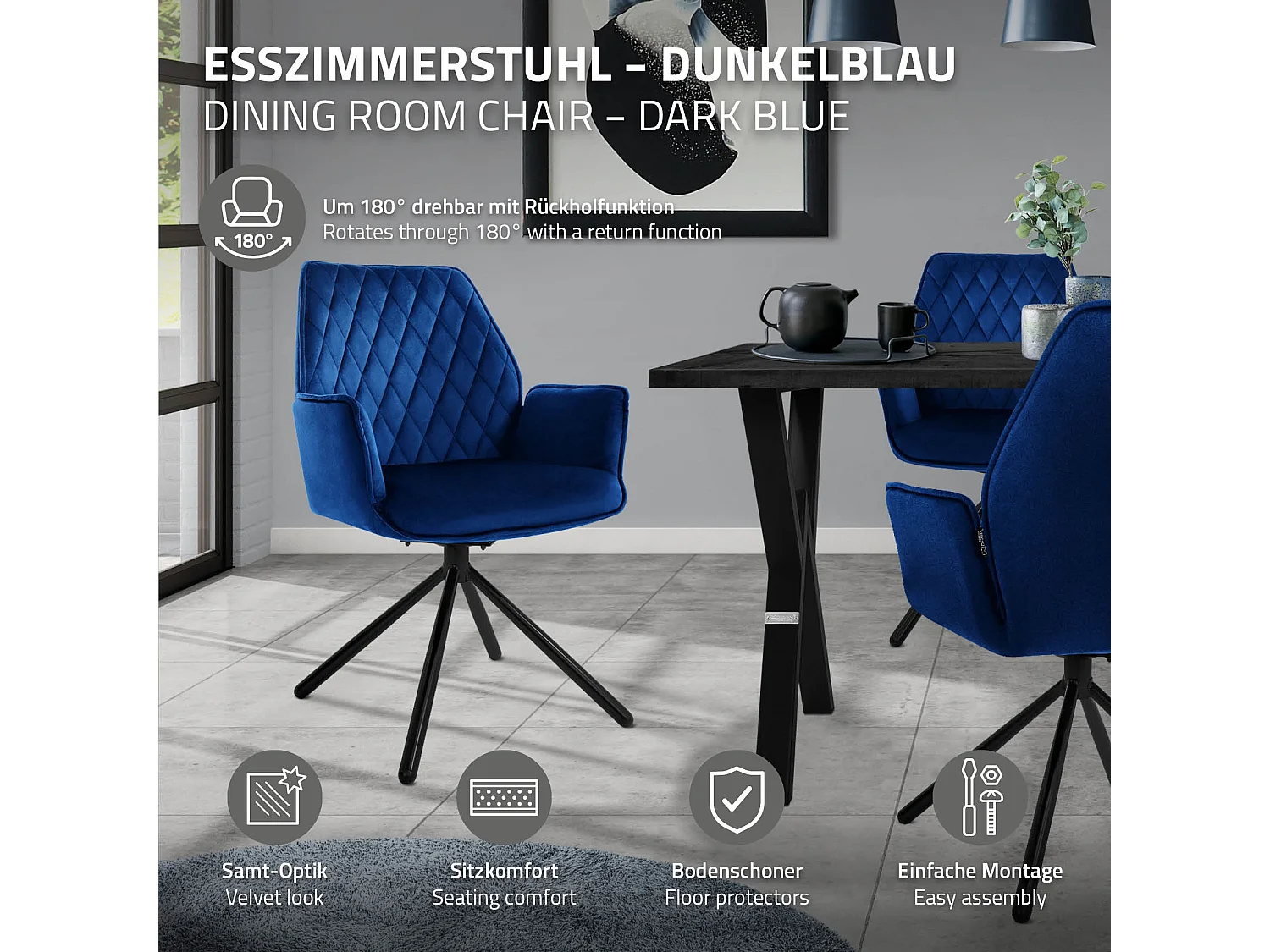 ML-Design Silla de comedor azul oscuro tapizado aspecto terciopelo con patas metal, respaldo y apoyabrazos sillón moderno para hogar oficina