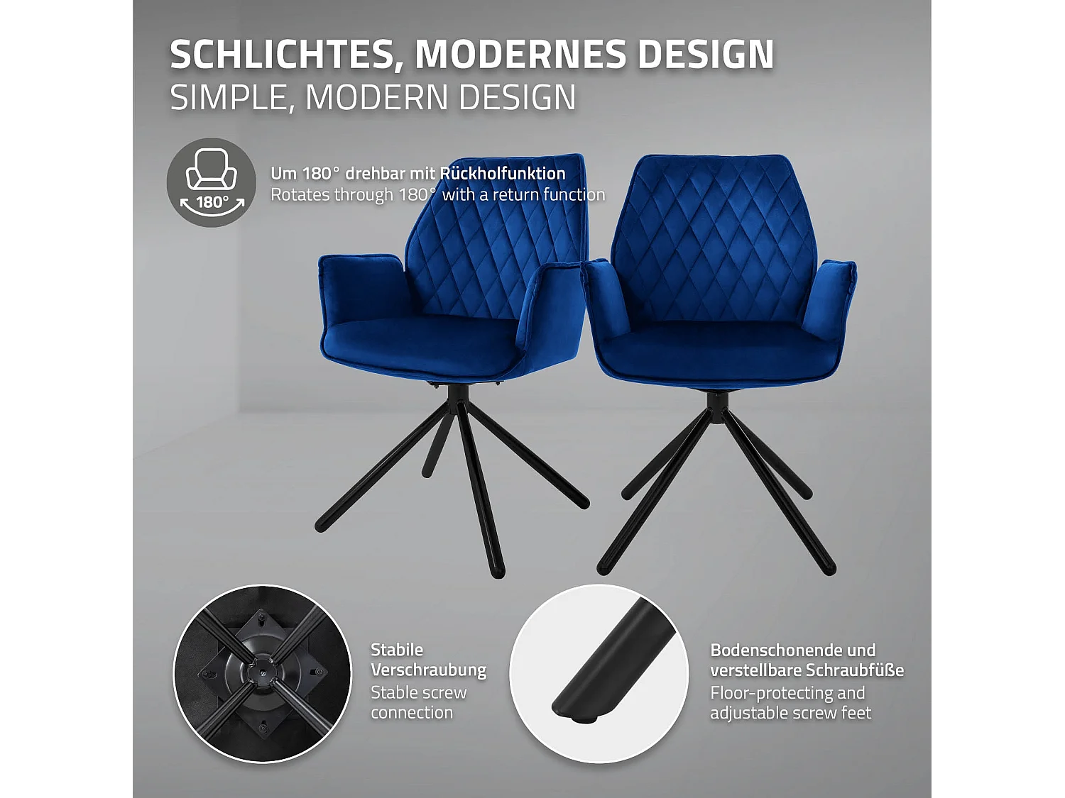ML-Design Silla de comedor azul oscuro tapizado aspecto terciopelo con patas metal, respaldo y apoyabrazos sillón moderno para hogar oficina