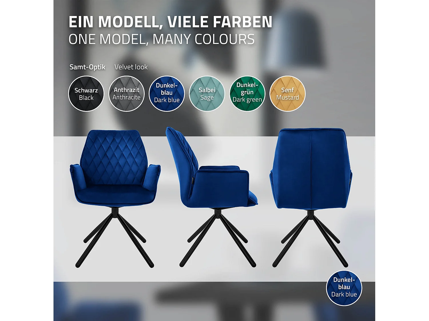 ML-Design Silla de comedor azul oscuro tapizado aspecto terciopelo con patas metal, respaldo y apoyabrazos sillón moderno para hogar oficina