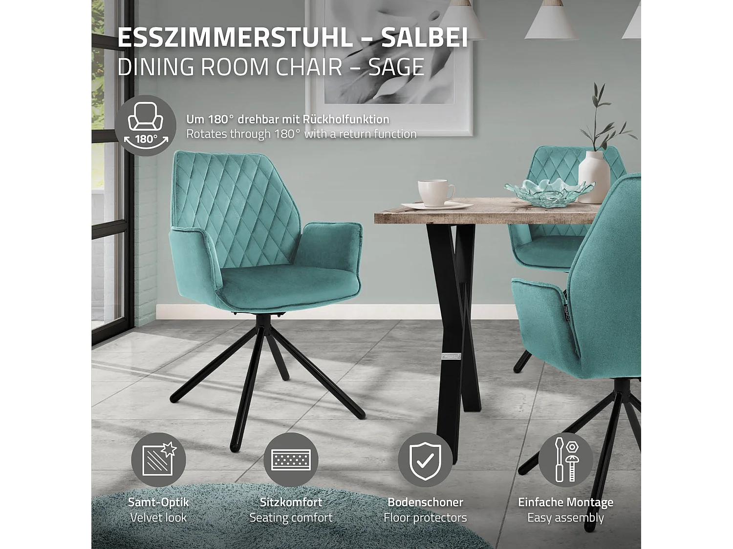 ML-Design 2x Sillas de comedor color salvia tapizado aspecto terciopelo con patas metal, respaldo y apoyabrazos sillón moderno para hogar oficina