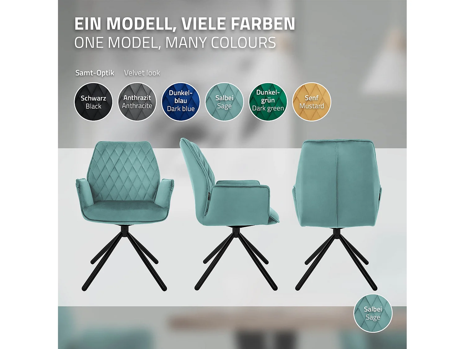 ML-Design 2x Sillas de comedor color salvia tapizado aspecto terciopelo con patas metal, respaldo y apoyabrazos sillón moderno para hogar oficina