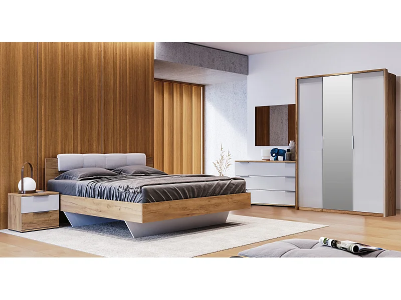 Chambre ASTO , blanc laqué et chêne clair 160x200 cm - SANS ARMOIRE