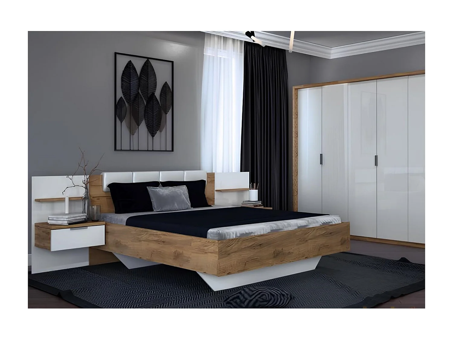 Chambre ASTO II , blanc laqué et chêne clair 180x200 cm - SANS ARMOIRE