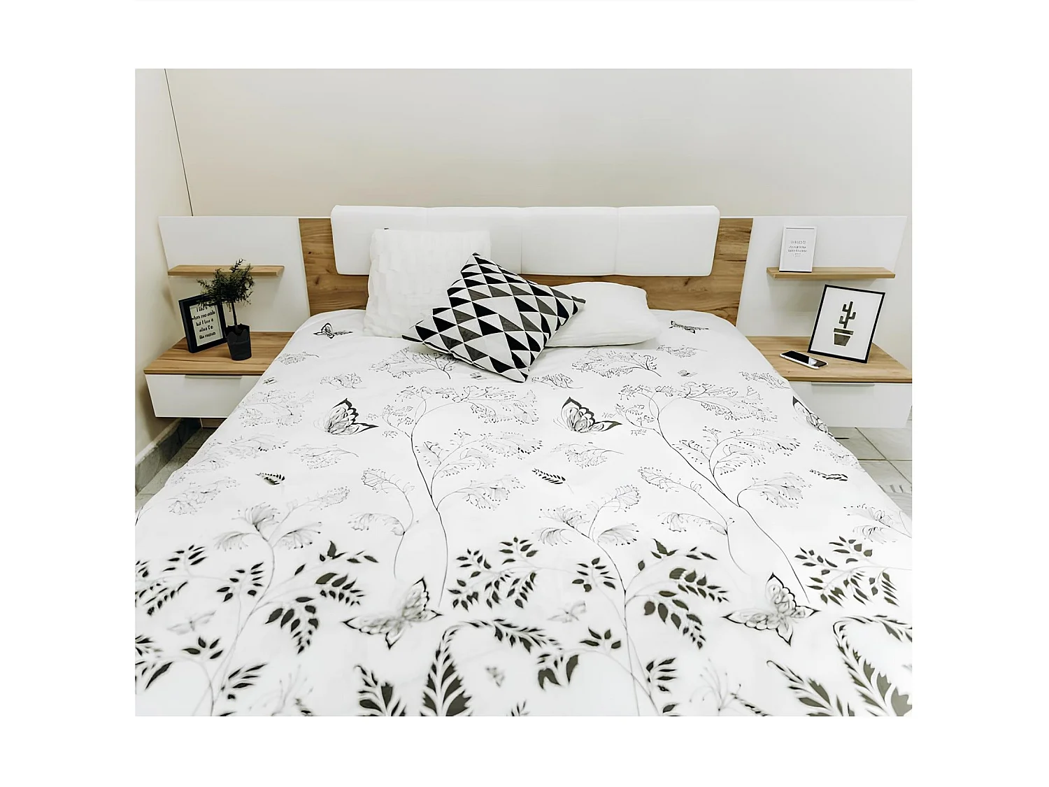 Chambre ASTO II , blanc laqué et chêne clair 180x200 cm - SANS ARMOIRE