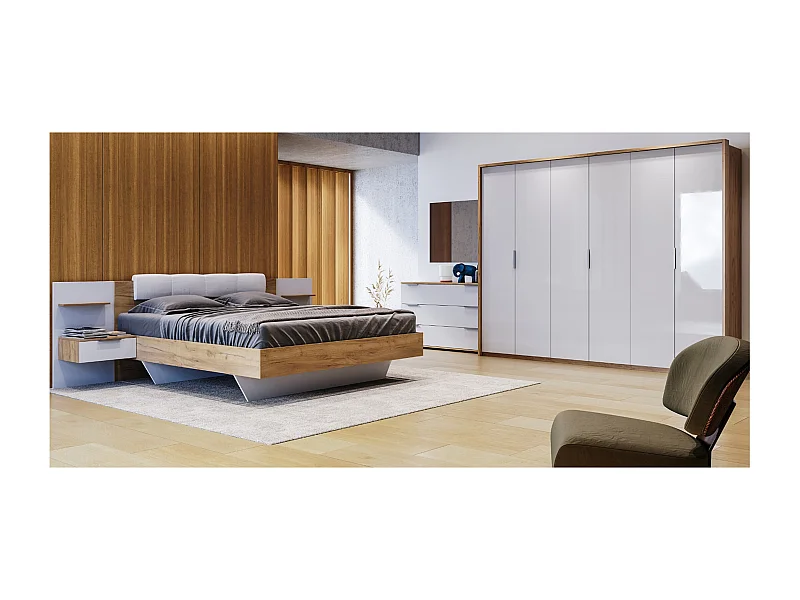 Chambre ASTO II , blanc laqué et chêne clair 180x200 cm - SANS ARMOIRE