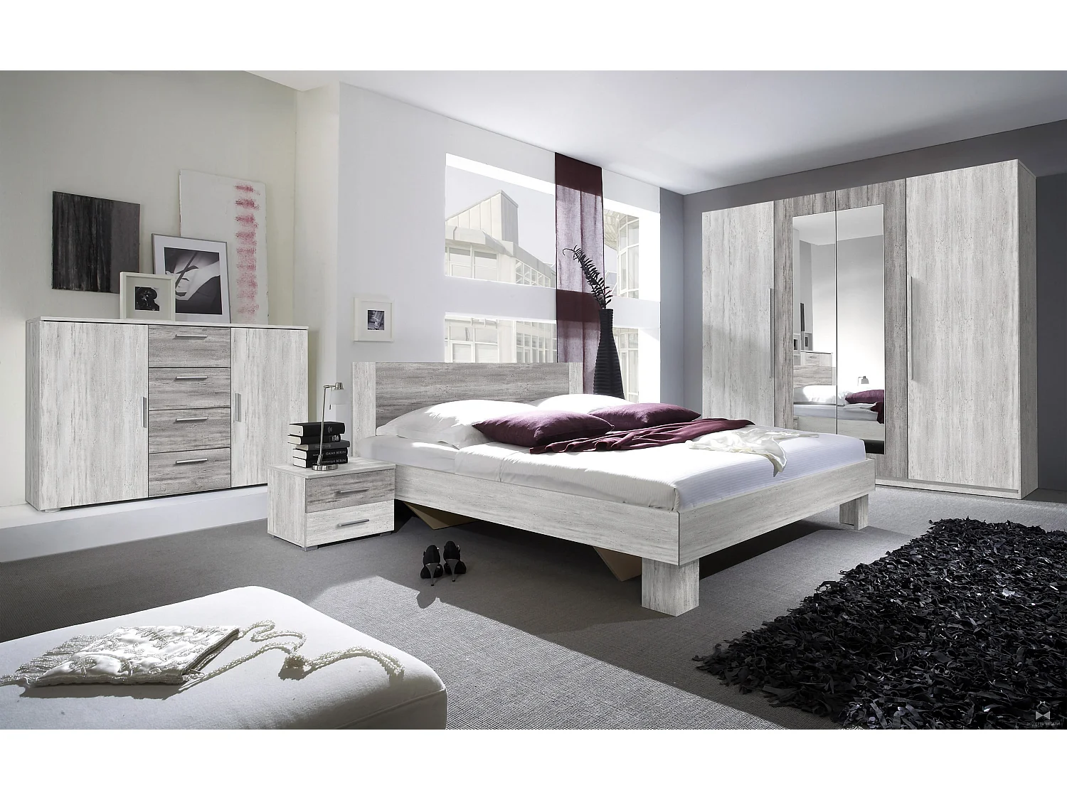 Chambre VERA 180x200 cm , blanc et gris cérusé - SANS ARMOIRE