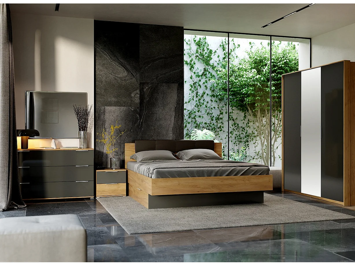Chambre LUNA avec tiroir de rangement, chevets posés, lave mat et chêne clair 160x200 cm - AVEC ARMOIRE