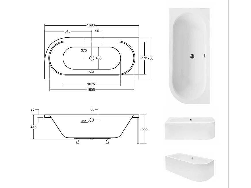 Baignoire HILIO GAUCHE avec tablier 150-160-170-180 - Dimensions: 170cm