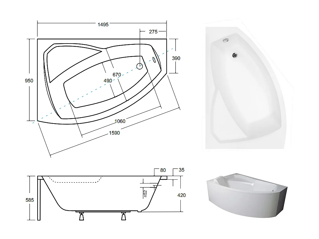 Baignoire d'angle gauche RIMA 130-140-150-160-170 cm avec tablier - Dimensions: 150cm