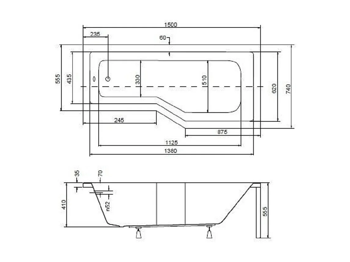 Baignoire asymétrique INTEGRA 150-170 cm x 75 cm + pare baignoire - Angle: Droit - Dimensions: 150cm