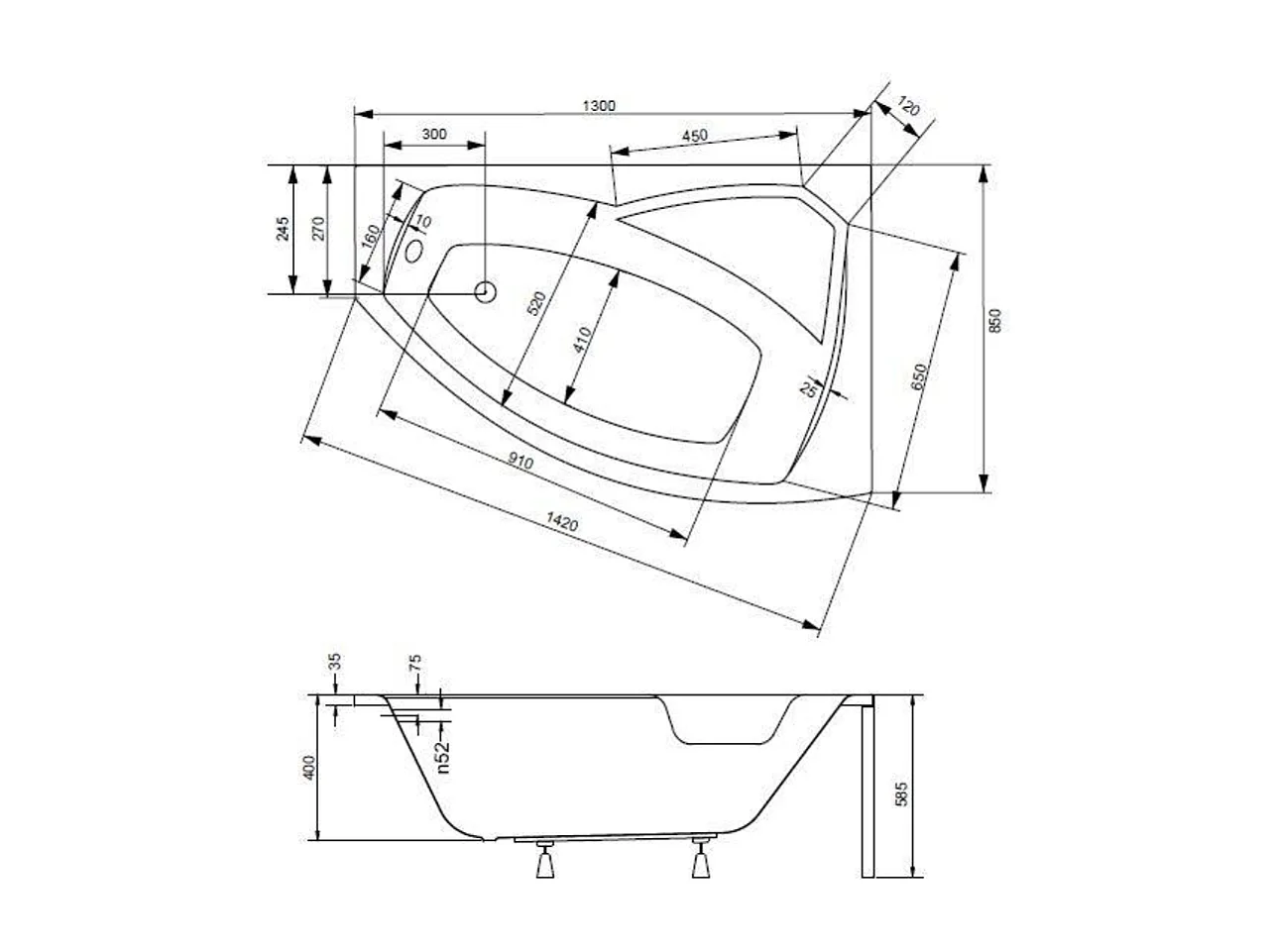 Baignoire d'angle gauche RIMA 130-140-150-160-170 cm avec tablier - Dimensions: 130cm