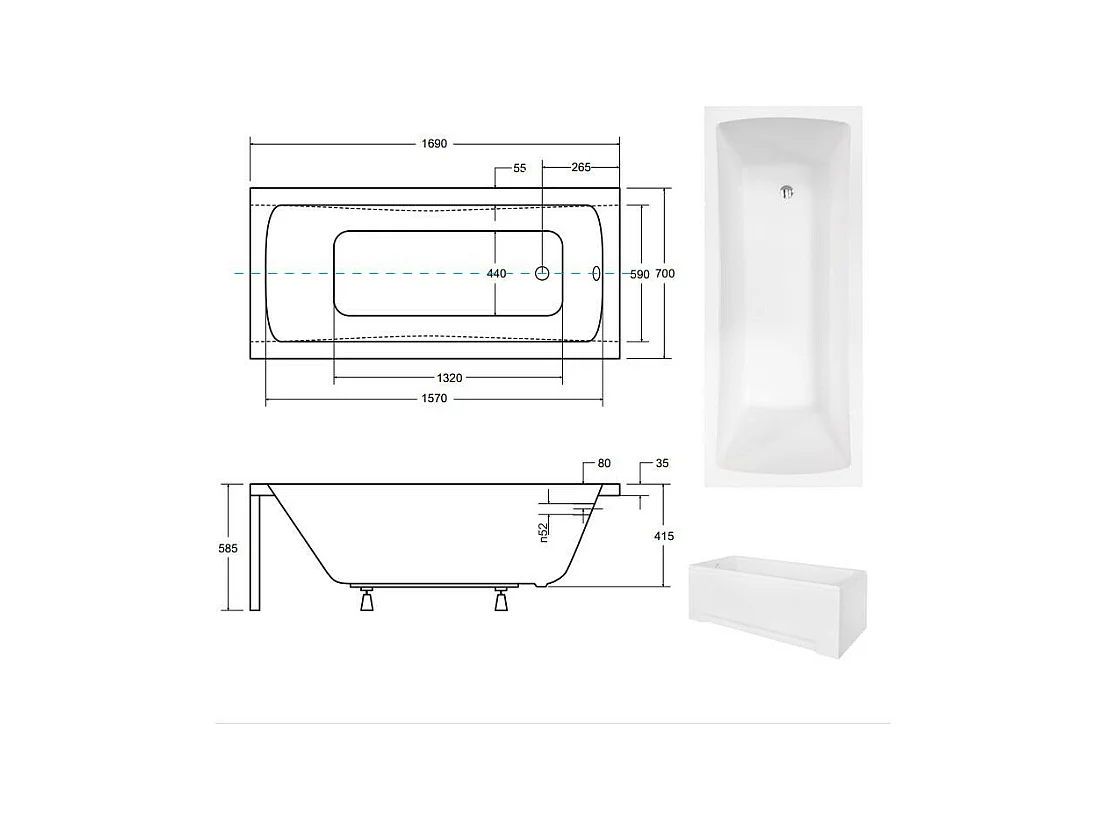 Baignoire MIRANO II avec tablier 140-150-160-170 x 70 - Dimensions: 170 x 70 cm