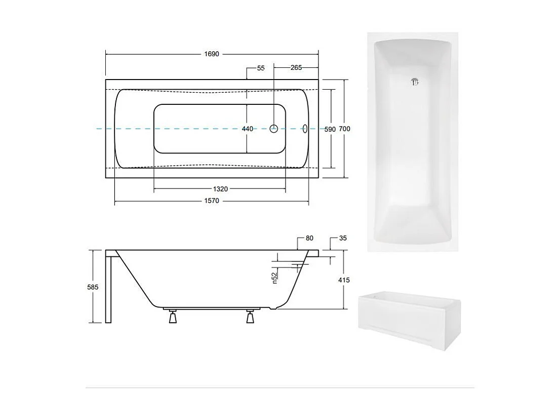 Baignoire MIRANO II avec tablier 140-150-160-170 x 70 - Dimensions: 170 x 70 cm