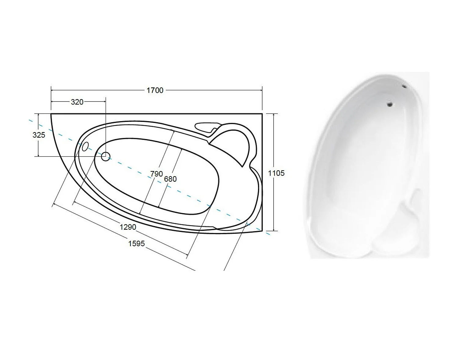Baignoire d'angle NOVA 140-155-170cm Droite avec tablier - Dimensions: 170cm