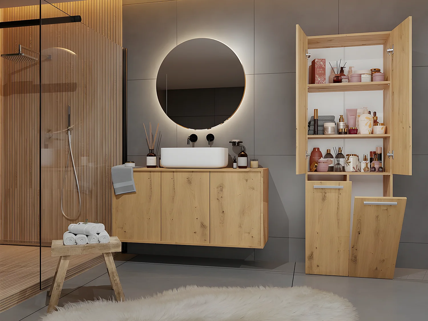 ELLOS - Badezimmerschrank mit 2 Reihenkörben - Aufbewahrung im Bad - 174x60x30 - Hochschrank