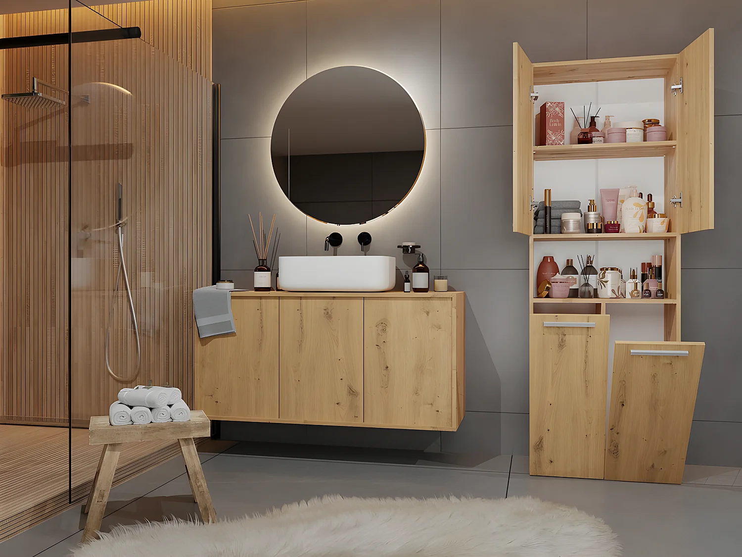 MOBY - Armoire de salle de bain avec 2 paniers à ligne - Rangement sdb - 174x60x30 -  Meuble colonne