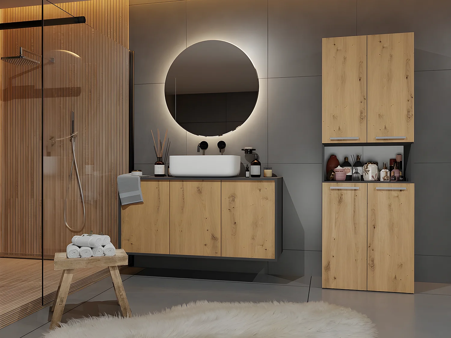 MOBY - Badezimmerschrank mit 2 Reihenkörben - Badaufbewahrung - 174x60x30 - Hochschrank