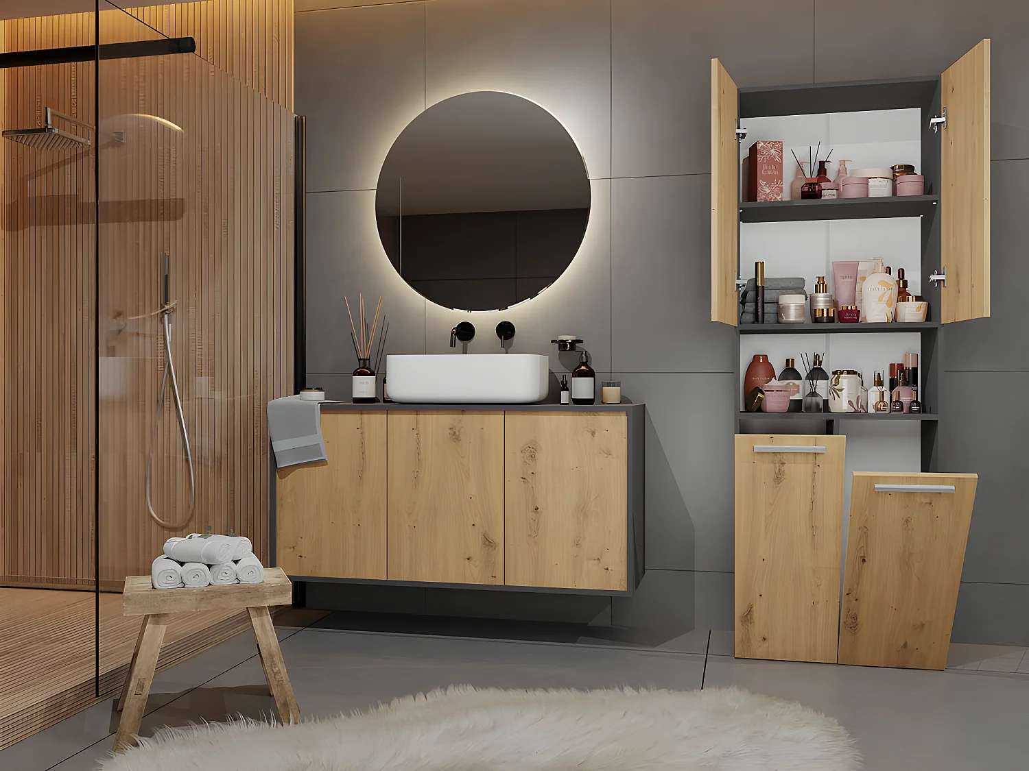 MOBY - Badezimmerschrank mit 2 Reihenkörben - Badaufbewahrung - 174x60x30 - Hochschrank