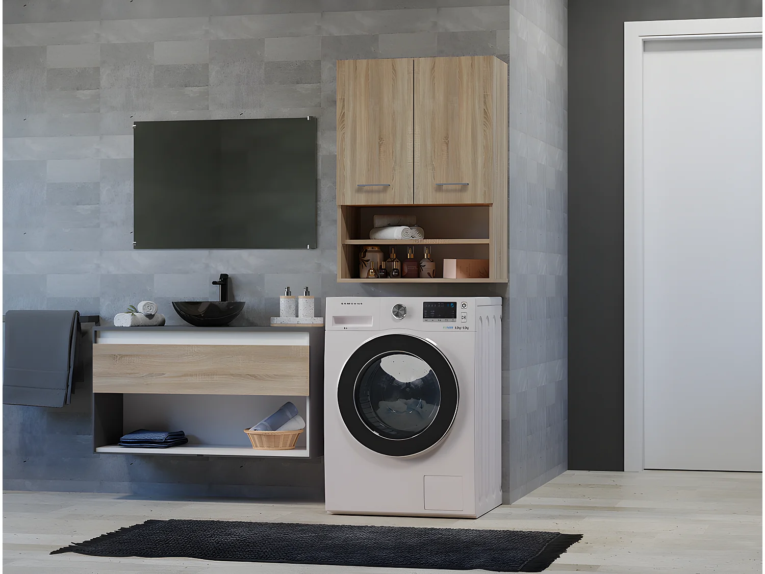 NELLIO - Armoire de toilette murale - Meuble SDB à suspendre - 64x30x90 cm - Rangement Salle de bain