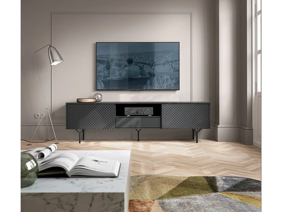 MEUBLE TV - RAVEN 3 noir avec pied métal 180 cm