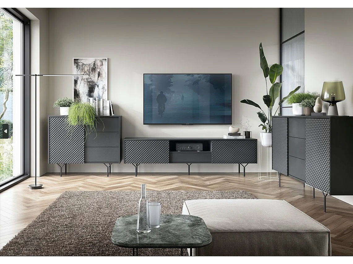MEUBLE TV - RAVEN 3 noir avec pied métal 180 cm
