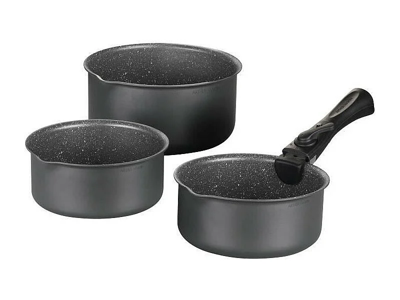 Set van 3 matgrijze steelpannen 16-18-20 cm + 1 afneembare handgreep - Alle kookplaten inclusief inductie