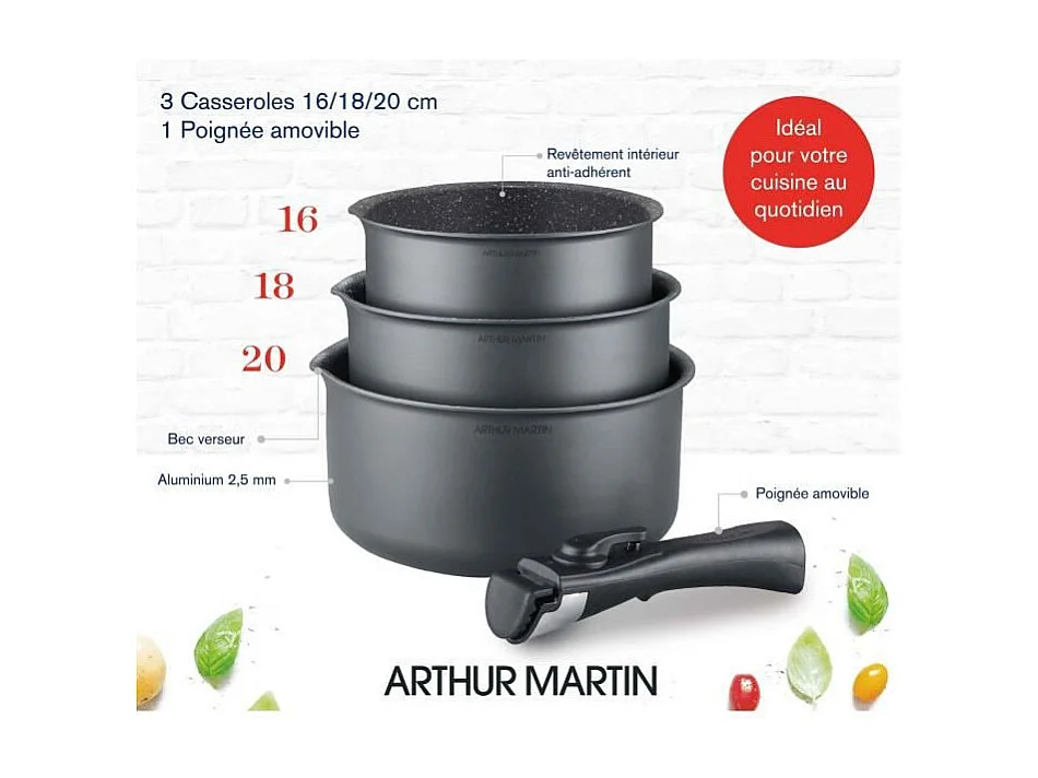 Set van 3 matgrijze steelpannen 16-18-20 cm + 1 afneembare handgreep - Alle kookplaten inclusief inductie