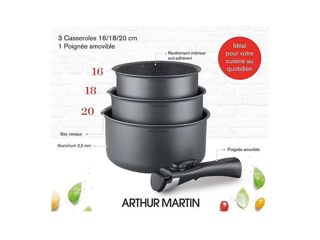 Batterie de cuisine ARTHUR MARTIN AM777GM Set de 3 casseroles - Gris Mat 16-18-20 cm + 1 poignée amovible - Tous feux dont indu