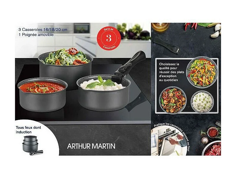 Batterie de cuisine ARTHUR MARTIN AM777GM Set de 3 casseroles - Gris Mat 16-18-20 cm + 1 poignée amovible - Tous feux dont indu
