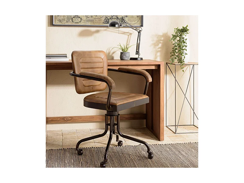 MARCEL - Fauteuil roulettes assise matelassée cuir accoudoirs manguier
