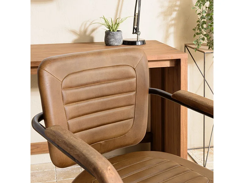 MARCEL - Fauteuil roulettes assise cuir accoudoirs en bois de manguier
