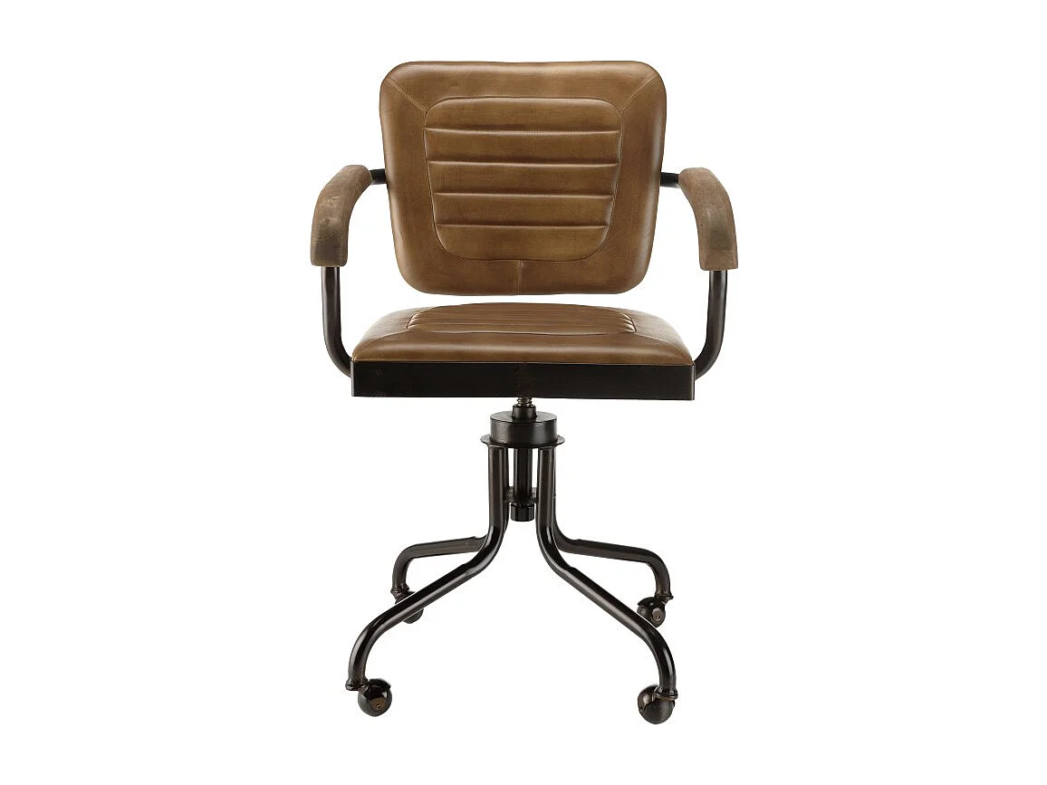 MARCEL - Fauteuil roulettes assise cuir accoudoirs en bois de manguier