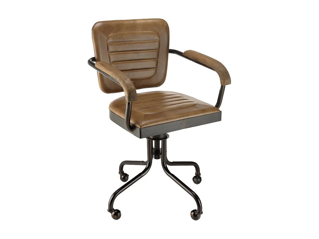 MARCEL - Fauteuil roulettes assise cuir accoudoirs en bois de manguier