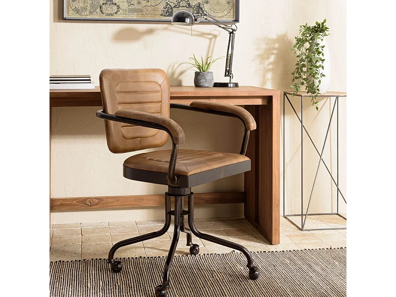 MARCEL - Fauteuil roulettes assise cuir accoudoirs en bois de manguier