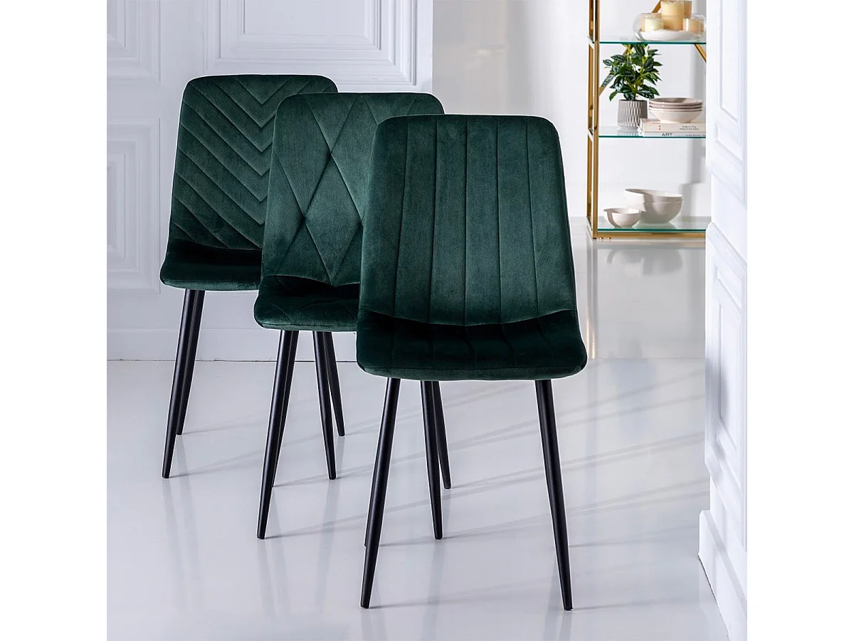 LIZIO - Lot de 4 Chaises Surpiqures Lignes Tissu Vert Foncé
