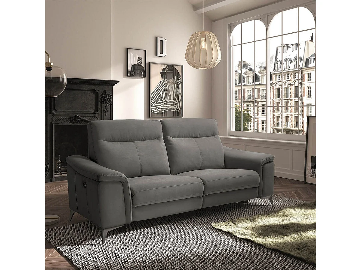 BRAGA - Canapé Relax Electrique 3 Places Microfibre Gris Foncé Pieds Métal