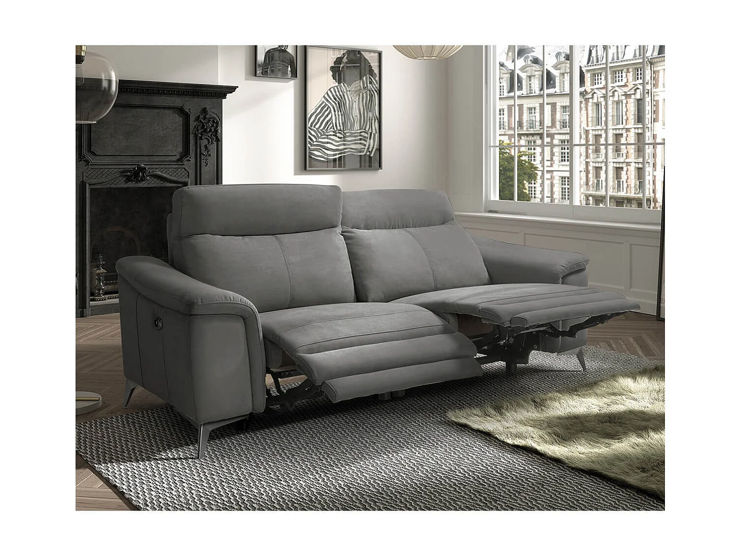 BRAGA - Canapé Relax Electrique 3 Places Microfibre Gris Foncé Pieds Métal