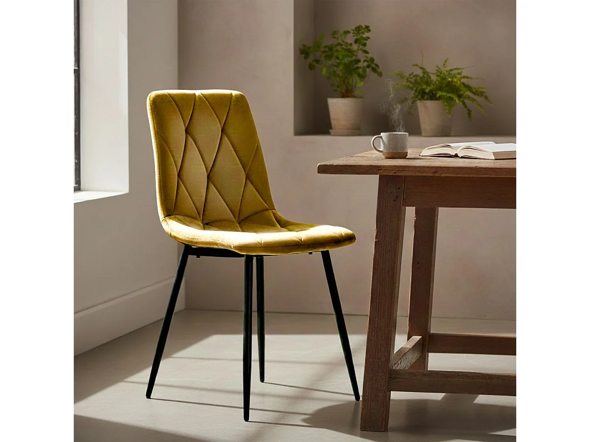 CARINE - Lot de 4 Chaises Capitonnées Jaune Pieds Bois