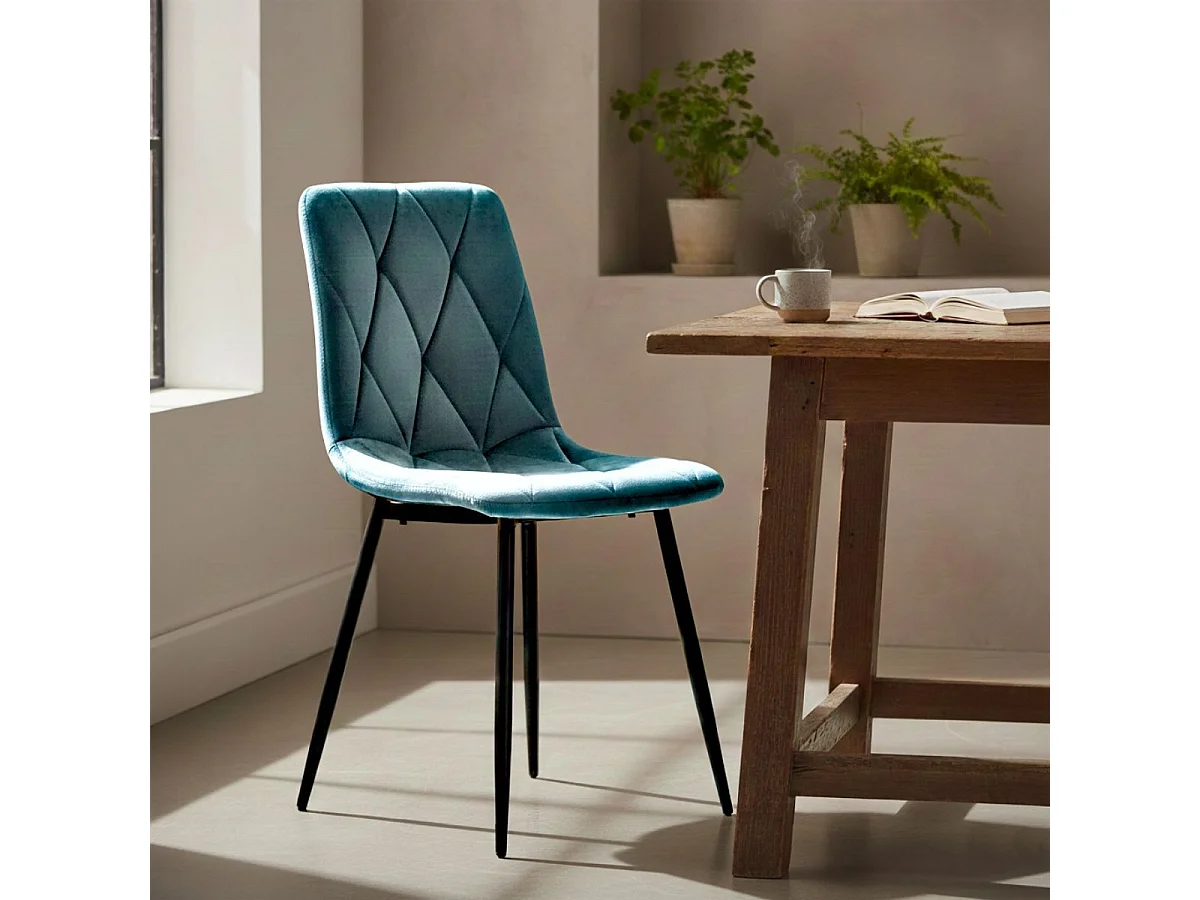 CARINE - Lot de 4 Chaises Capitonnées Bleues Pieds Bois