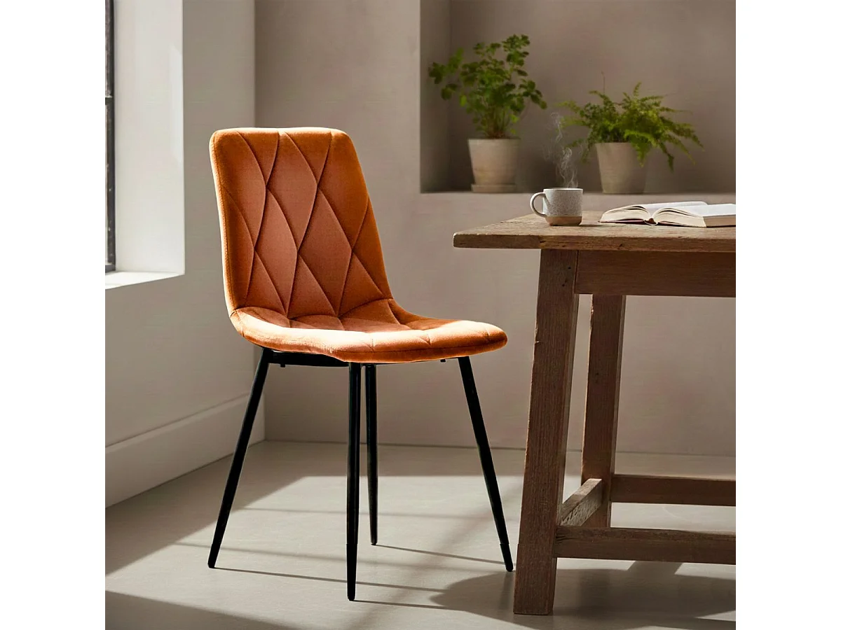 CARINE - Lot de 4 Chaises Capitonnées Orange Pieds Bois