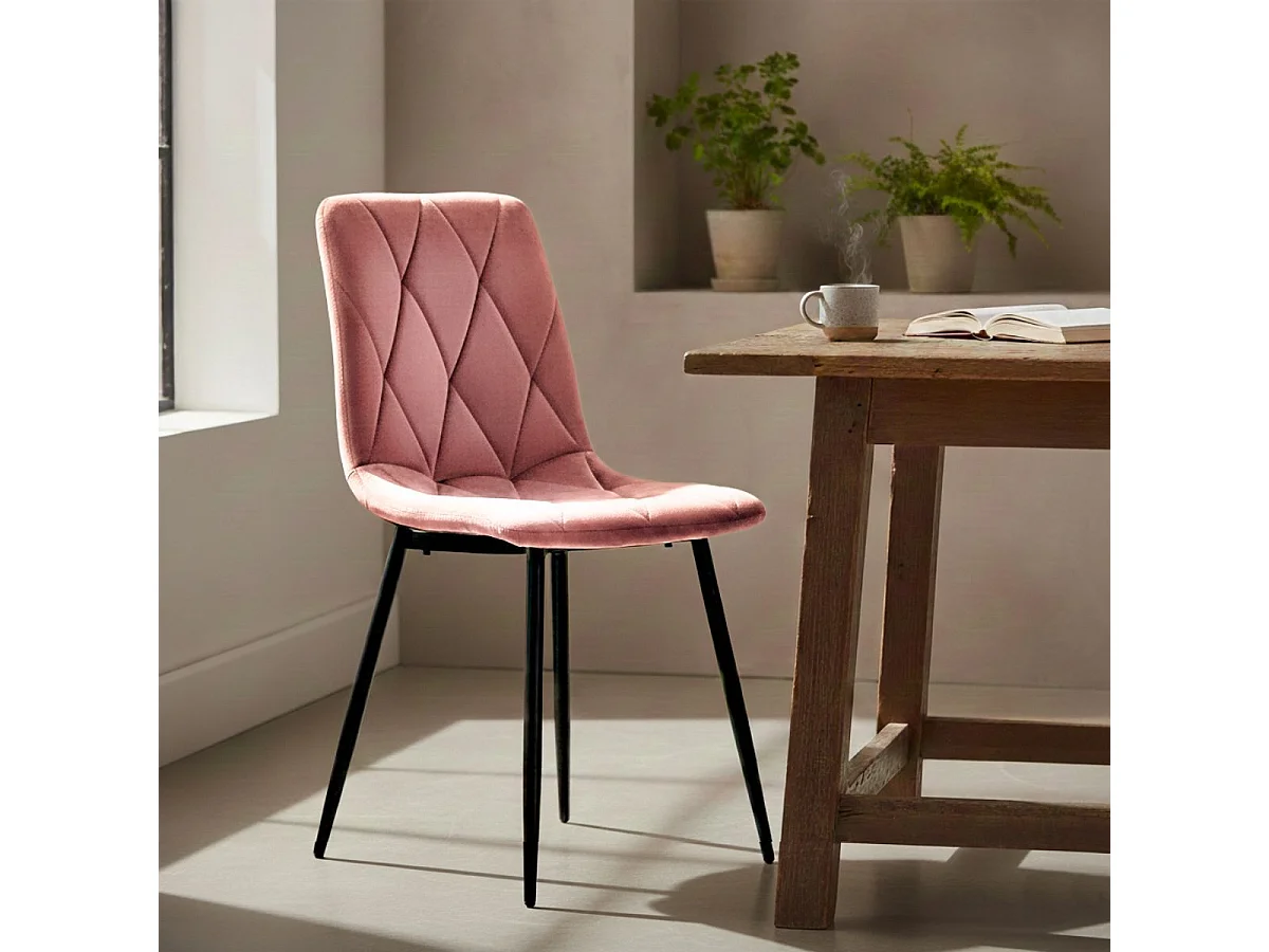 CARINE - Lot de 4 Chaises Capitonnées Rose Pieds Bois