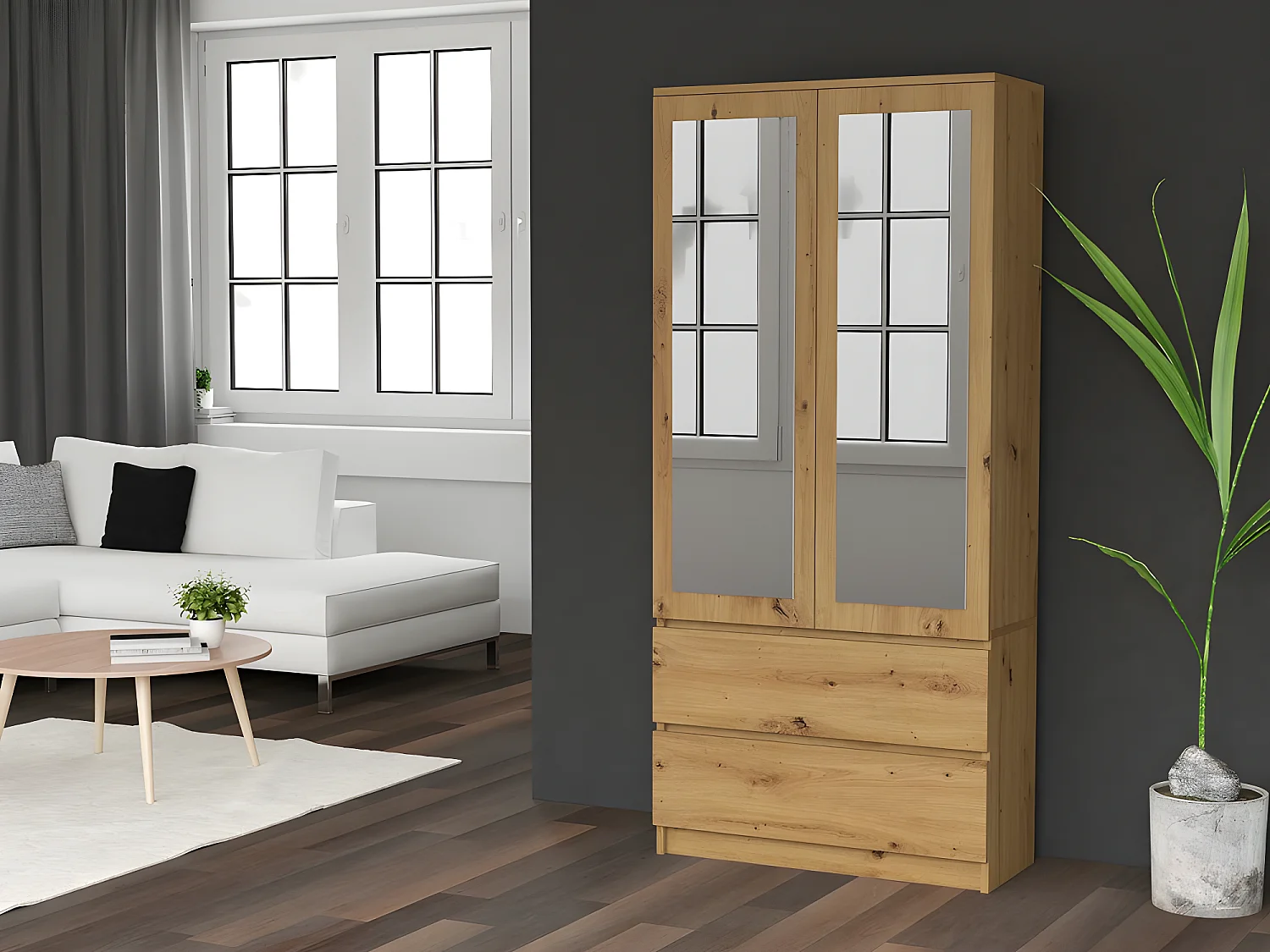 TURIN - Armoire 2 portes avec miroir style moderne chambre à coucher - 90x50x180 - 2 tiroirs