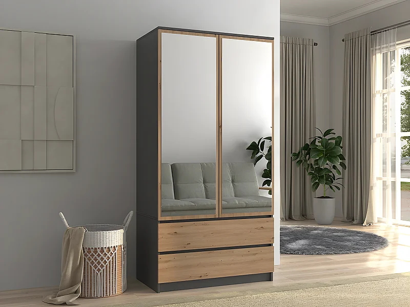 TURIN - Armoire 2 portes avec miroir style moderne chambre à coucher - 90x50x180 - 2 tiroirs